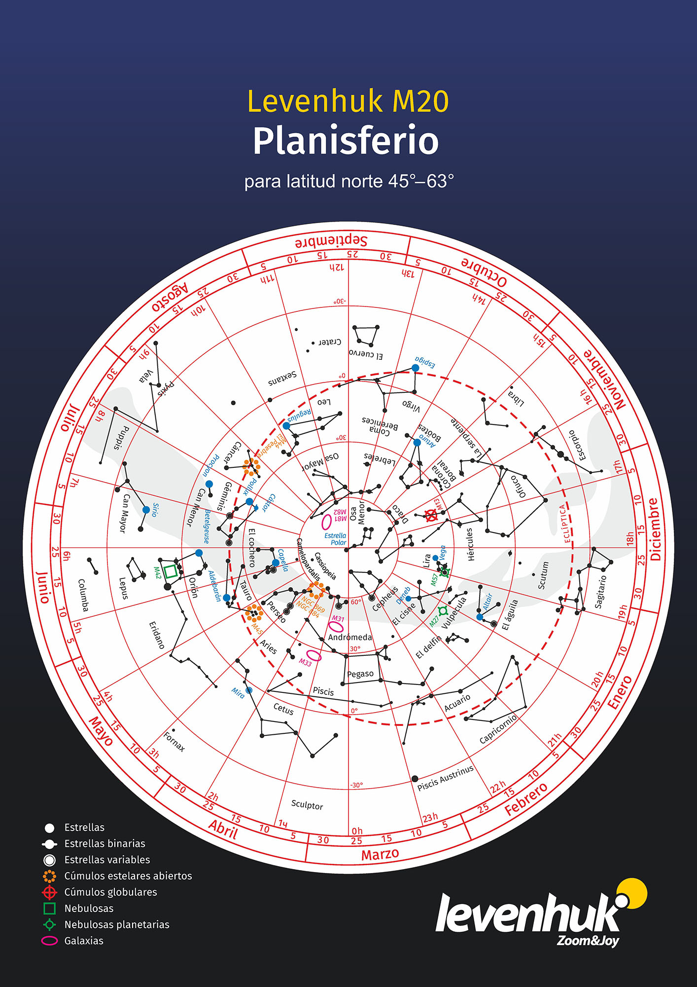 Planisferio Levenhuk M20 (para latitud norte 45°–63°)