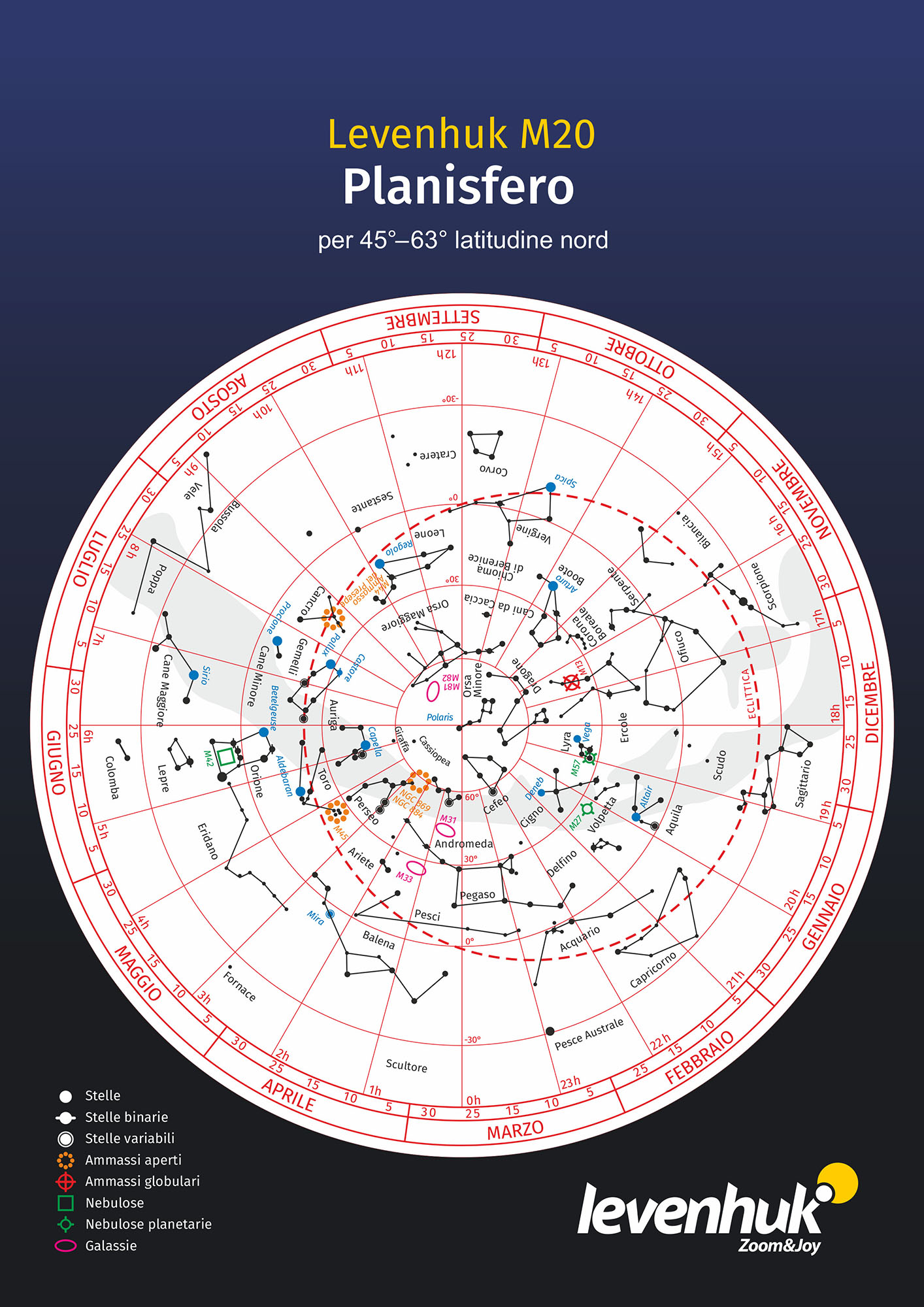 Planisferio Levenhuk M20 (para latitud norte 45°–63°)